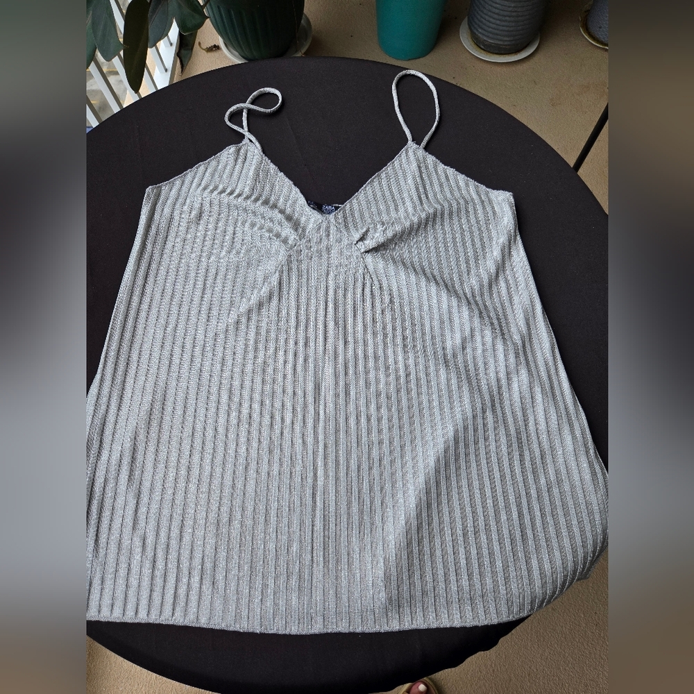 ZARA Silver Metallic Striped Camisole Top Size L